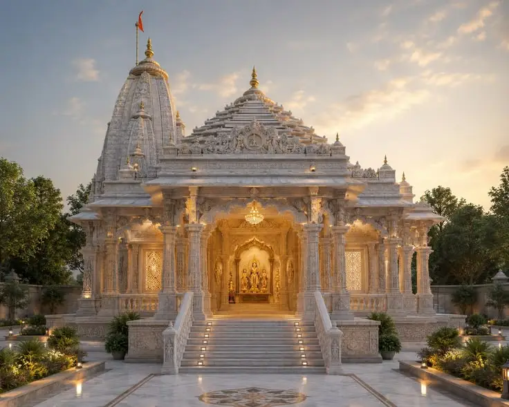 Grand Nagara style outdoor marble Hindu temple with carved shikhara and pillars