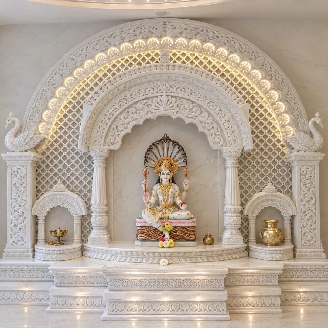 Handcrafted marble mandir for home by Aura Marble Craft