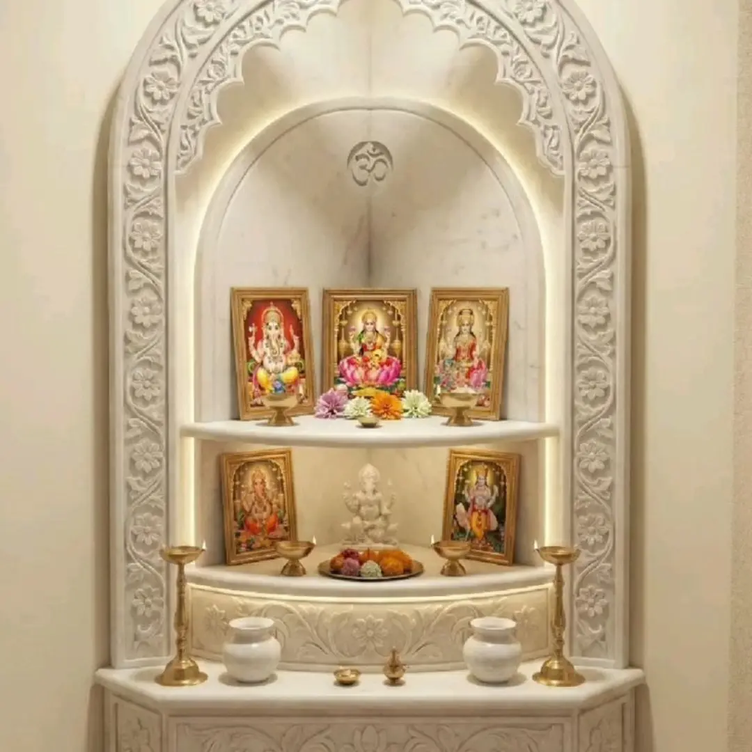 Corner marble mandir with dome and finial