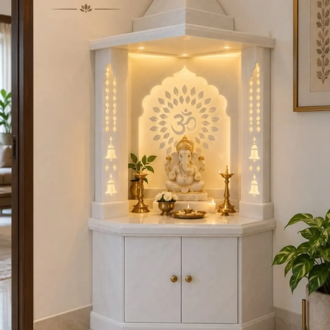 Minimal white temple with clean lines and a quiet niche
