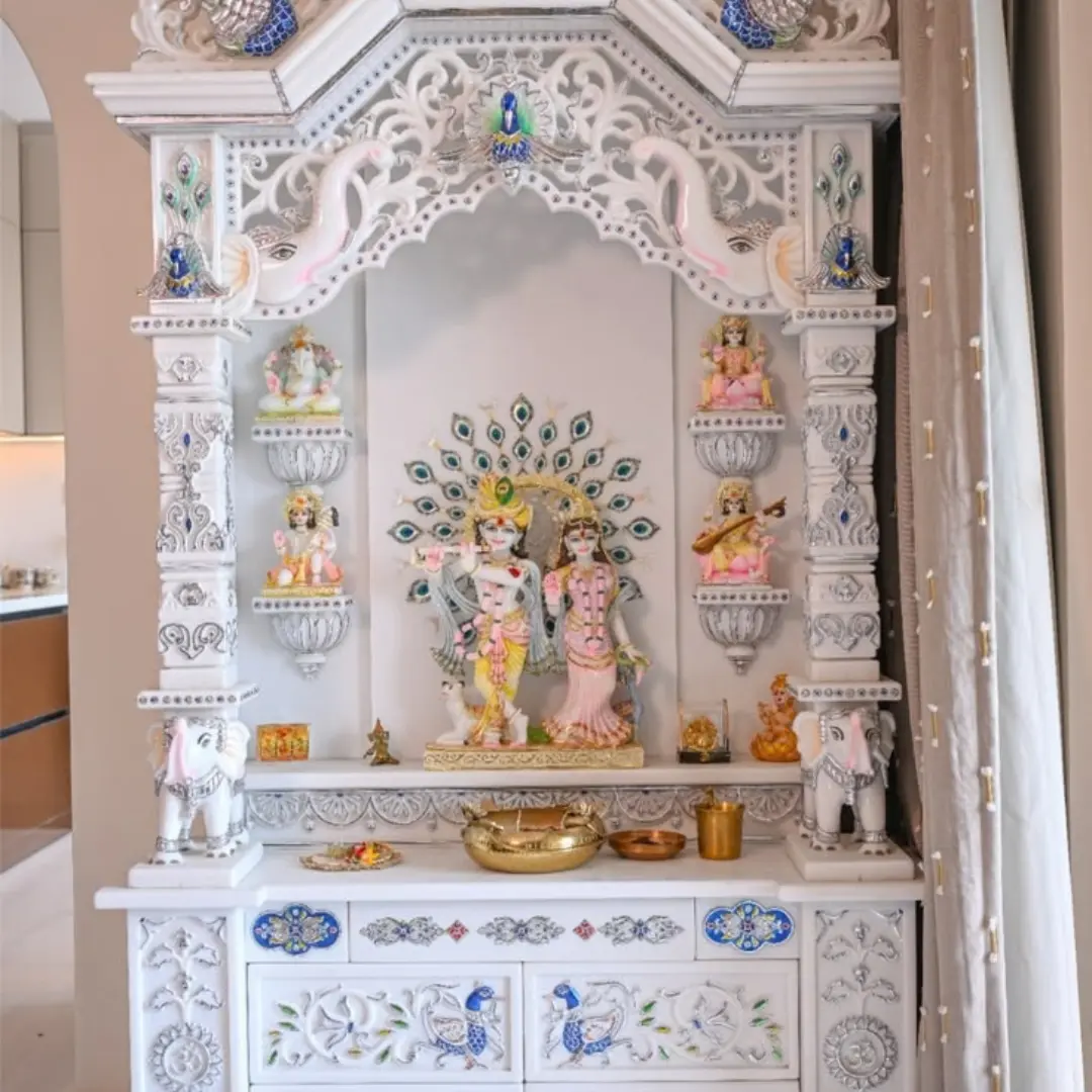 Ivory stone temple with antique gold inlay and warm lighting