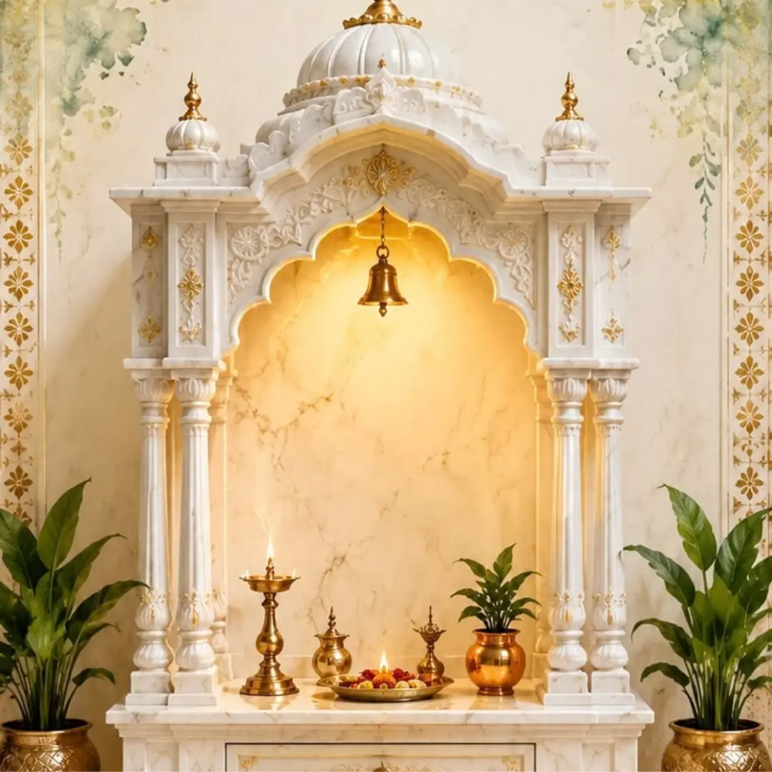 Marble pooja mandir for home with a carved dome