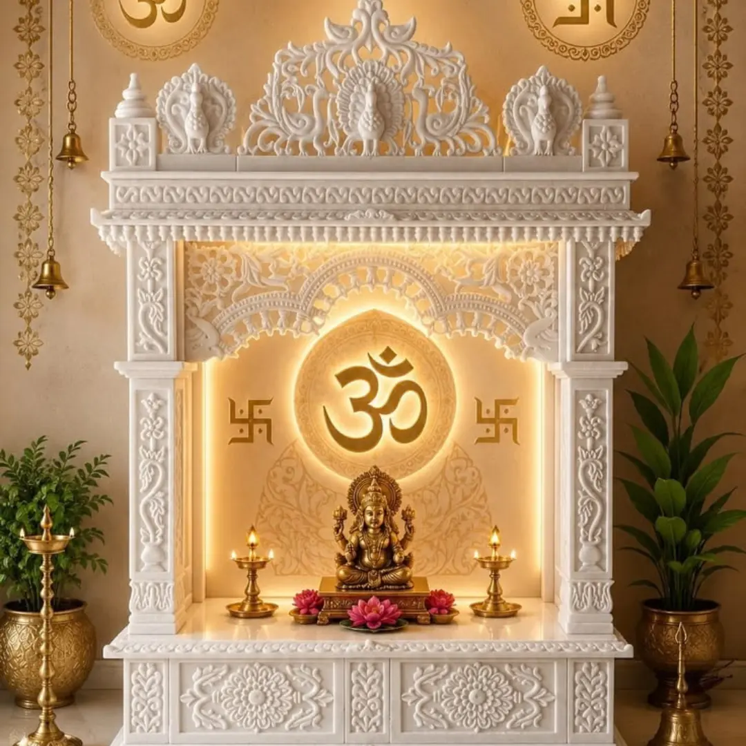 Marble pooja room mandir for home with carved dome and arches