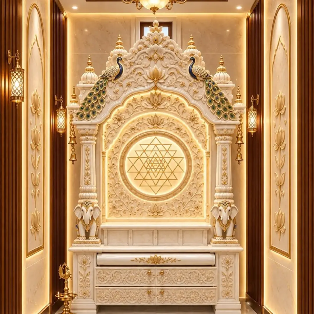 Large decorative marble pooja room temple with multiple domes