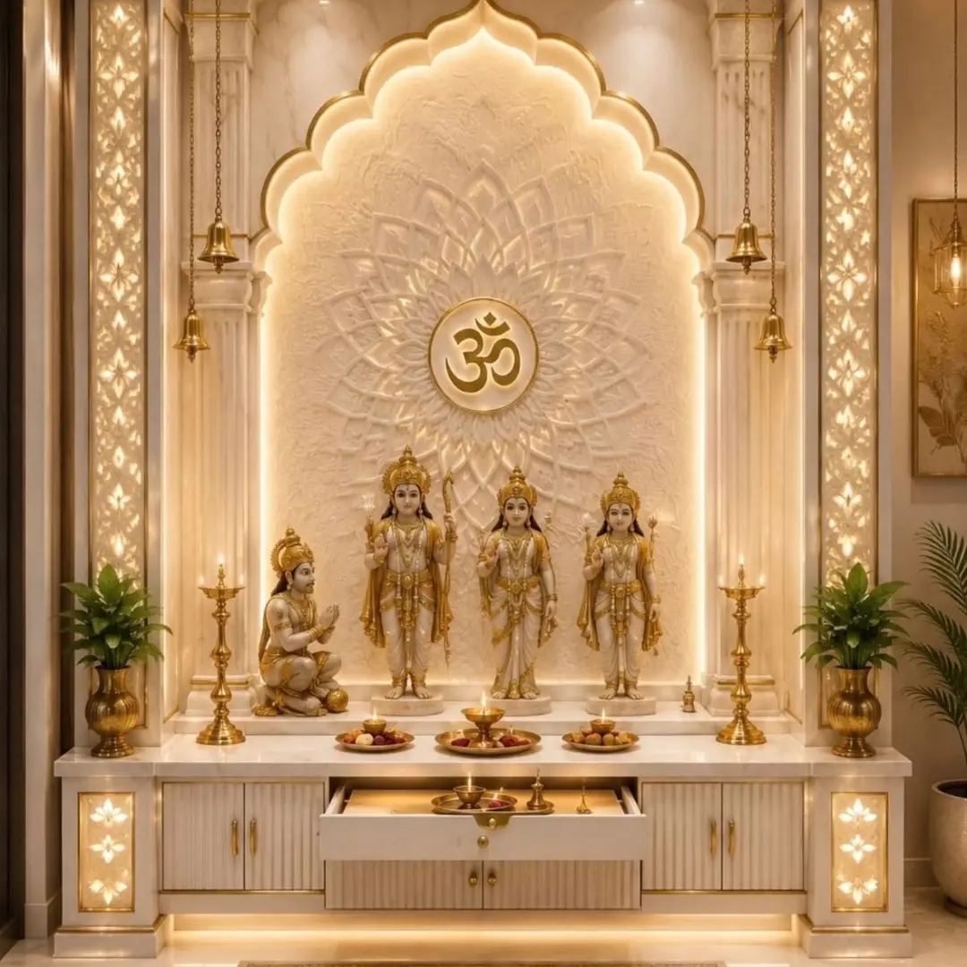 Gold arched niche in a marble mandir for home