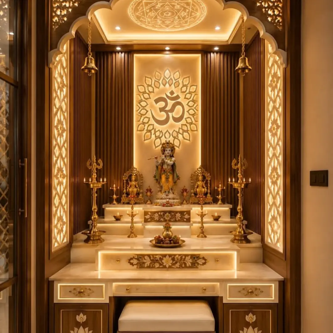 Ornate wall mounted marble mandir with carved pillars