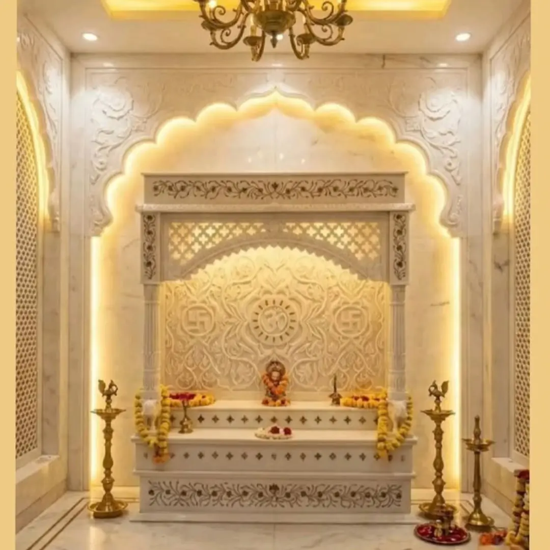 Traditional white marble wall mounted mandir for home with dome