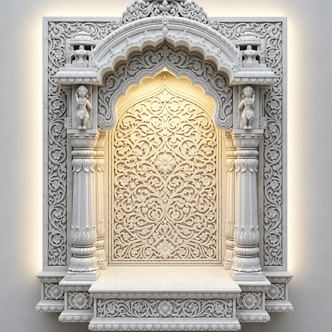 Large decorative wall mounted marble mandir with domes